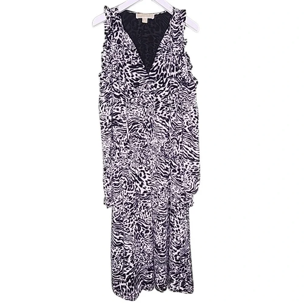 Michael Kors Long Sleeve Dress Black White Cold Shoulder Midi‎ Tassel Prep S